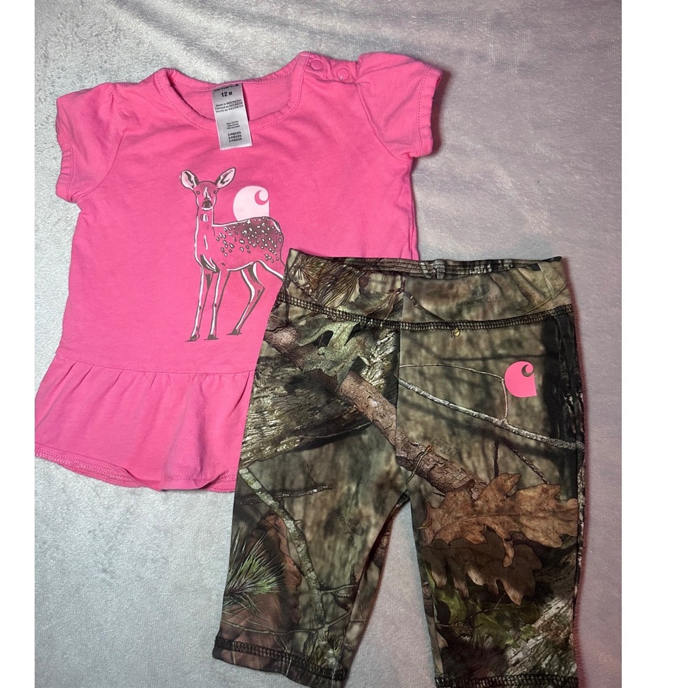 Carhartt Baby Girls 12M 2-Piece Set Pink Deer Peplum Top Camo Leggings Outfit